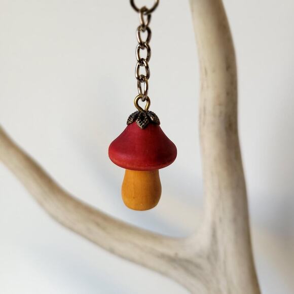 Handmade Naturally Dyed Wood Mushroom Keychain - Picture 1 of 2